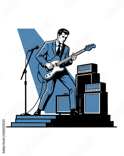 Retro Style Illustration of a Male Musician Playing Electric Guitar on Stage