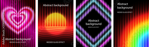 set of abstract posters with reeded glass effect. collection of abstract backgrounds with heart, sunset , diamond-shaped frame and rainbow