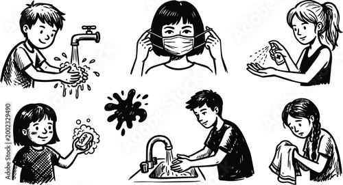Black and white line art children wearing mask washing hands using soap and sanitizer