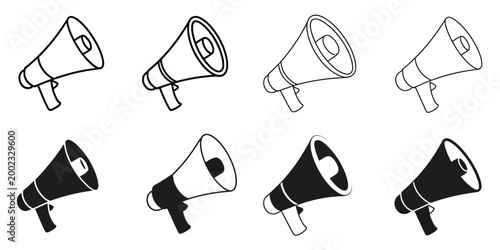Megaphones icons set, megaphone icon and loudspeaker icon vector symbols representing voice sound speech announcement, marketing promotion and public communication