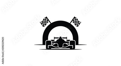 Racing car with checkered flags black silhouette