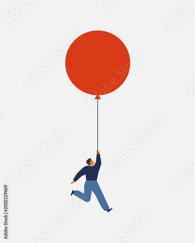 anxious man clings to floating balloon with all his might. Uncertainty about the future, financial dependence, risk decision-making, business instability. vector illustration