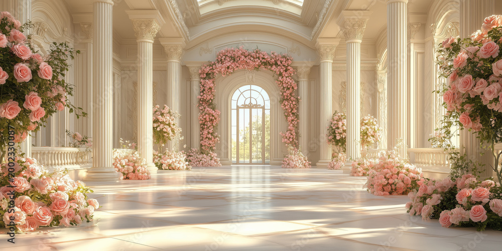 Naklejka premium Luxury palace interior with floral wedding arch of pink roses, elegant romantic hall, classic architecture, bridal ceremony background with ornate decor