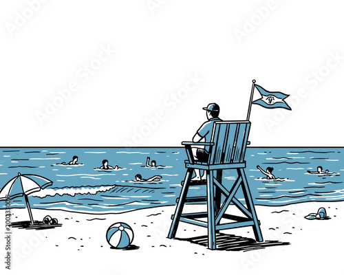 Lifeguard on High Chair Watching Swimmers at the Beach Illustration