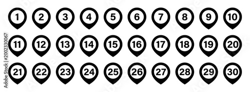 Location pin icon with number set 1 to 30. Map marker navigation pointer symbol set. Vector flat elements. Number in circles
