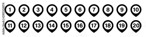 Location pin icons with number 1 to 20, Map marker bullet point collection, Distance navigation pointer flat vector elements