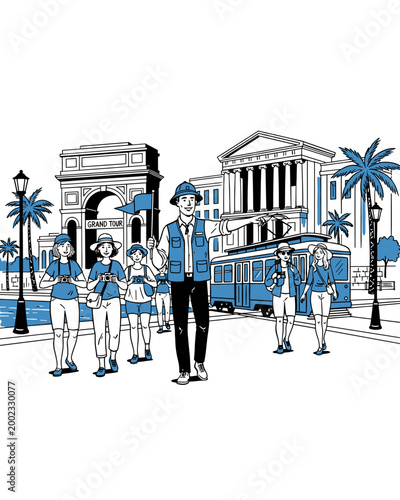 Bilde på lerret City Sightseeing Illustration with Tour Guide and Group