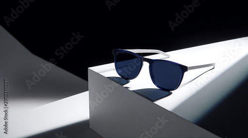 Stylish Blue Sunglasses with White and Silver Accents, Elegantly Displayed on a Geometric White Surface Against a Dramatic Dark Background