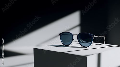 Stylish Blue Lens Eyeglasses Sit on a Modern White Pedestal with Geometric Shadows in a Dramatic Minimalist Studio Setting