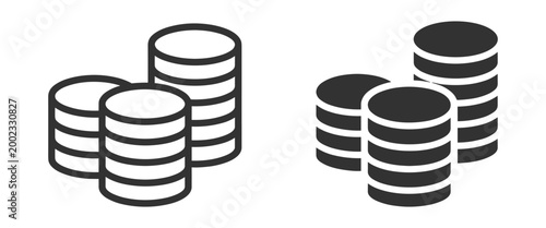 stacked coin icon set, outline and solid style, finance and currency symbols on transparent background