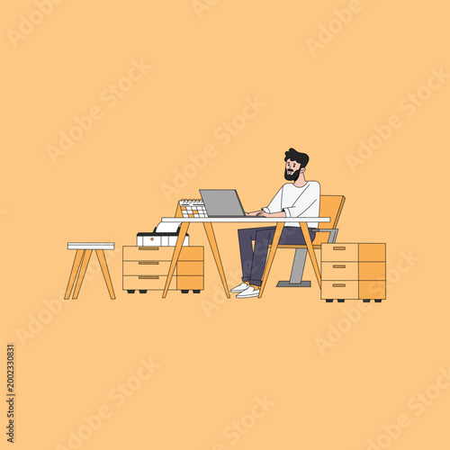 office professional at organized wooden desk with laptop and filing cabinets