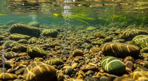 Underwater View of River Rocks and Sunlight
