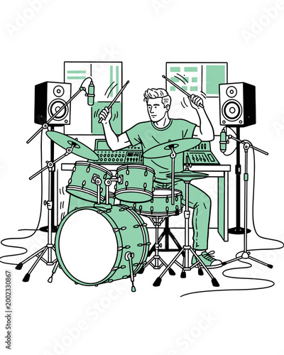 Man Playing Drum Kit in Recording Studio Vector Illustration