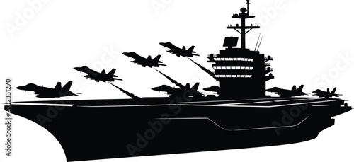 Naval power silhouette of an aircraft carrier with fighter jets in flight