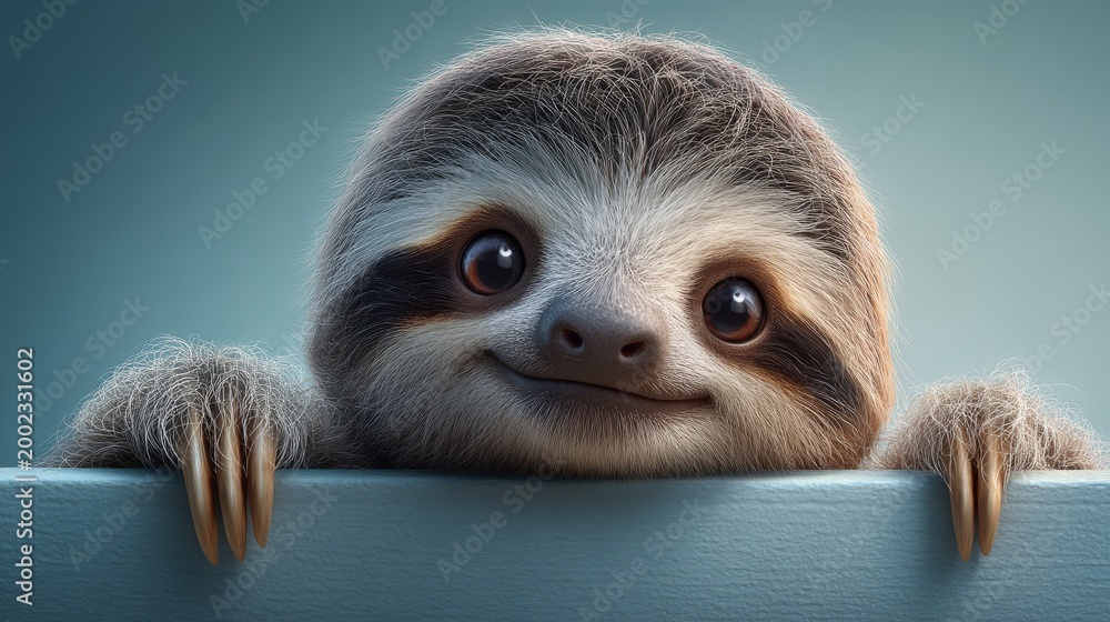 Obraz premium Cute Sloth Peeking Over a Horizontal Ledge with Gentle Claws and Smile