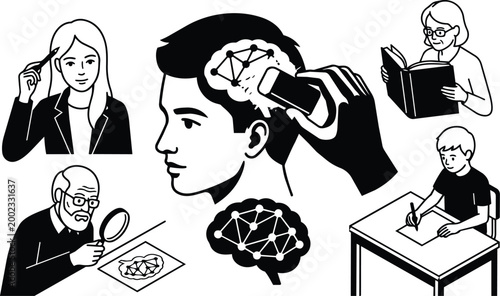 Black and white neural network brain icons with student teacher researcher study scenes