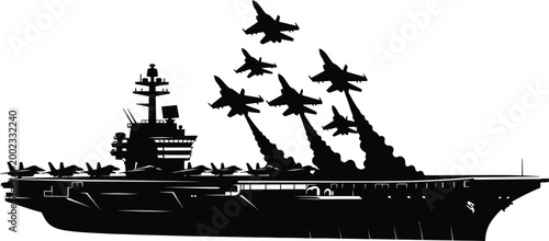 Naval power projection silhouette of an aircraft carrier with fighter jets taking off