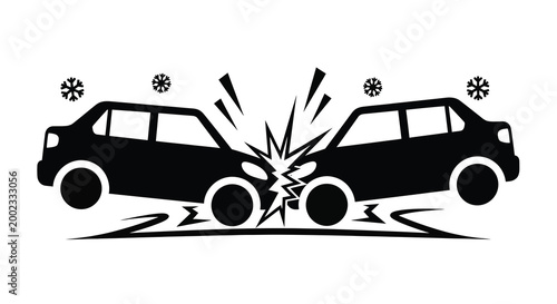 Car crash silhouette with impact effect and snowflakes