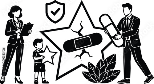 Black and white vector cracked star with adhesive bandage man holding large patch woman with clipboard child