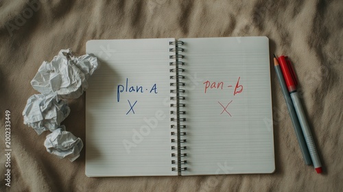Overhead view of a spiral notebook with failed plan a and plan b written inside, crumpled papers, and pens resting on a textured brown cloth surface