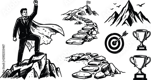 Line art businessman with cape standing on peak next to stepping stone path target and trophies