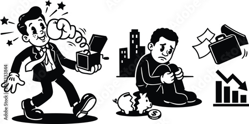 Retro cartoon businessman hit by jack in the box and unemployed worker with broken piggy bank