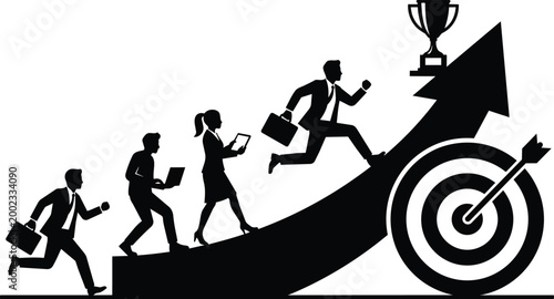 Black and white businesspeople running up arrow toward trophy and target vector illustration