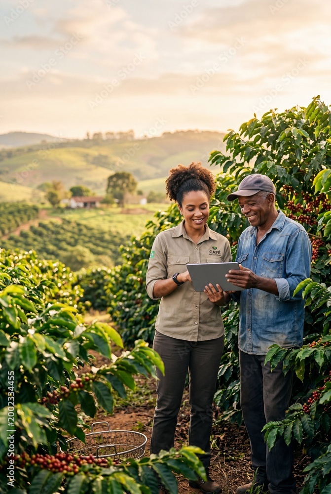 Fototapeta premium Smiling female agronomist and senior farmer collaborating with a digital tablet in a lush coffee plantation at sunset