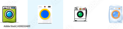 A vibrant green front-loading washing machine with a blue drum is depicted in flat vector illustration style, isolated on a pure white background for easy tracing and minimalist design