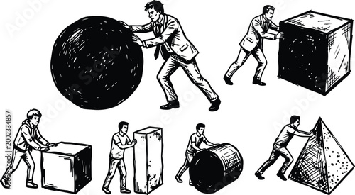 Black and white line art men pushing geometric shapes in varied poses landscape