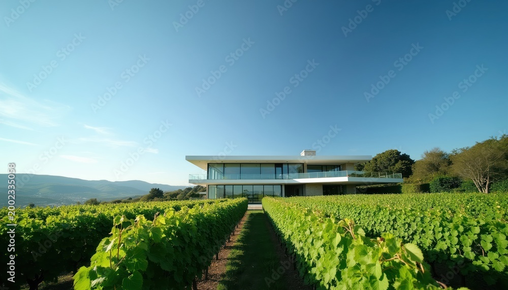 Fototapeta premium Modern house with large windows sits on vineyard hill. Green grape rows stretch to distant mountains under clear blue sky. Sunny day at luxury estate.