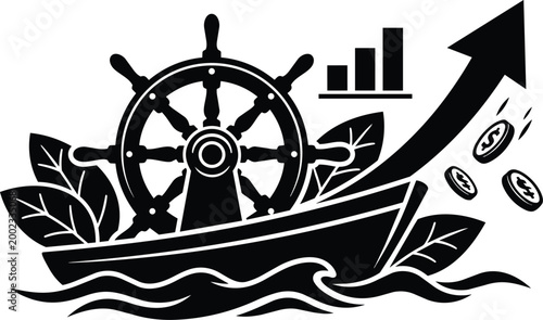Black and white nautical ship wheel helm boat with upward arrow coins and growth chart