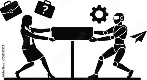 Black and white vector art businesswoman and robot pulling rectangular box across table with gear and briefcase icons
