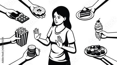 Black and white vector woman refusing sweets hands offering chocolate donut cake ice cream popcorn cookies truffles