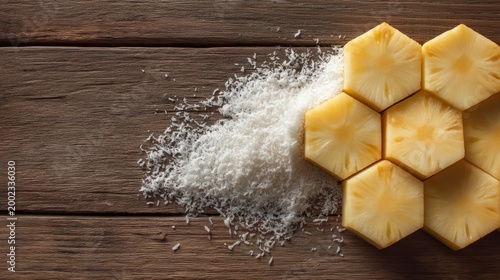 Interlocked Pineapple Wedges with Coconut Flakes on Wooden Surface