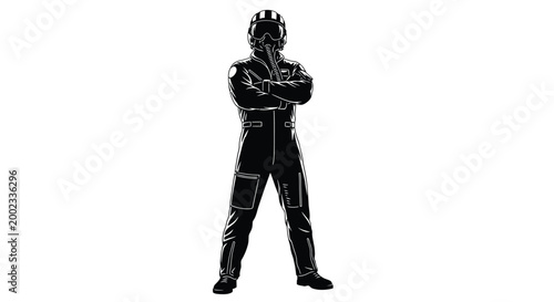 Black and white vector illustration of a race car driver wearing a helmet and jumpsuit confidently