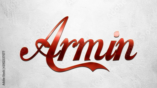 Red 3D text effect of name Armin on silver background.	
