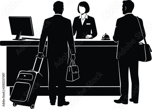 Hotel check in silhouette guests and receptionist at a front desk