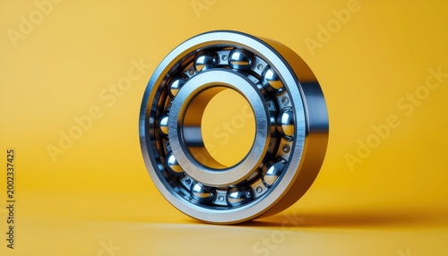 Precision Engineering: Chrome Ball Bearing on Vibrant Yellow Background for Industrial Applications