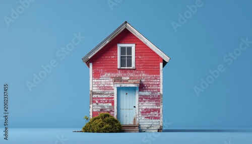 Quaint old red house standing against a blue background, weathered and charming