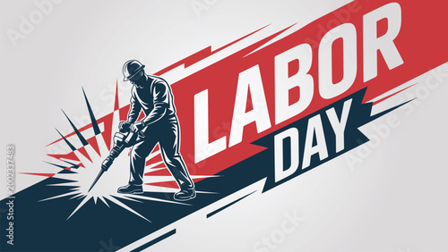 Dynamic Labor Day Banner with Construction Worker Silhouette and Jackhammer Action Illustration