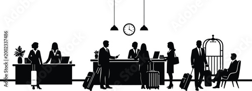 Hotel lobby silhouette guests checking in and staff assisting in a modern setting
