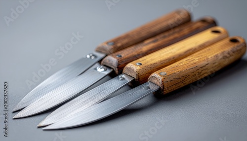 Assortment of vintage folding knives showcasing wooden handles and steel blades