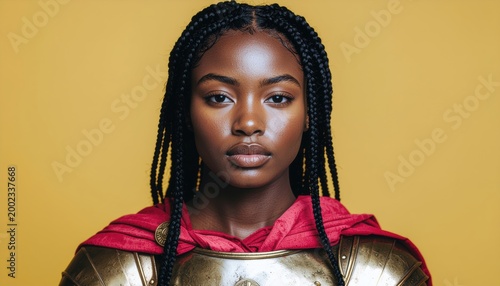 Empowered portrait of a woman with braids wearing antiquated golden armor