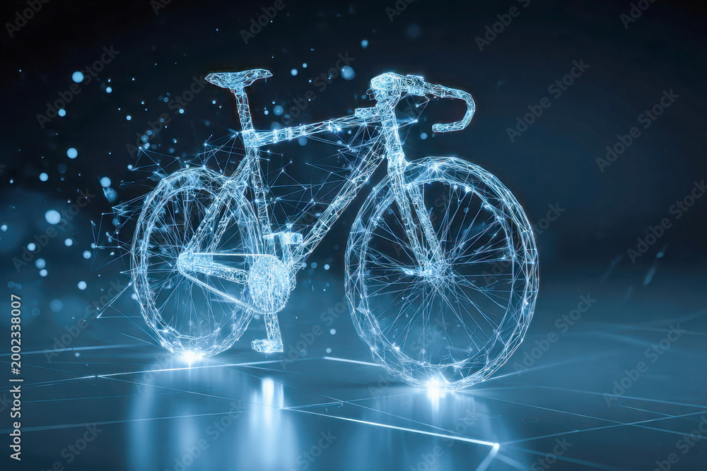 Fototapeta premium Futuristic digital wireframe representation of a racing bike glowing with blue light over a high-tech grid surface in a dark virtual environment
