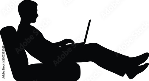 Man Working on Laptop Silhouette Vector – Relaxed Freelancer Sitting Pose, Remote Work Minimal Black Illustration