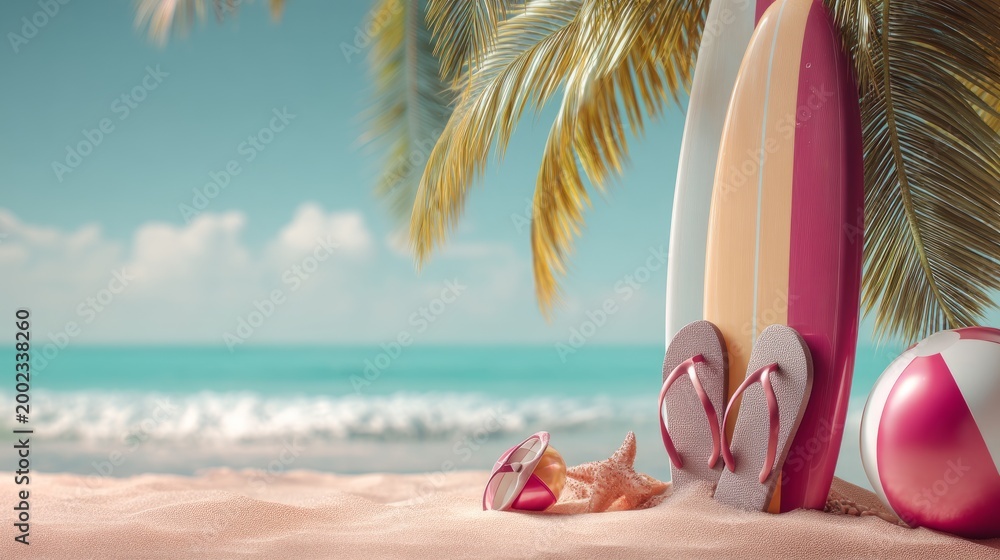Naklejka premium Vibrant Beach Setup with Surfboards, Sand, and Relaxing Summer Vibes