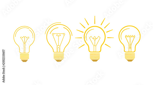 A row of four illuminated light bulb illustrations, varying designs and levels of brightness