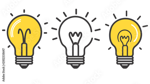 Illustration featuring three light bulbs, each with a different design, representing ideas