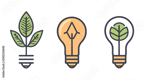 Three vector illustrations depicting sustainable energy and environment concepts with lightbulbs and leaves